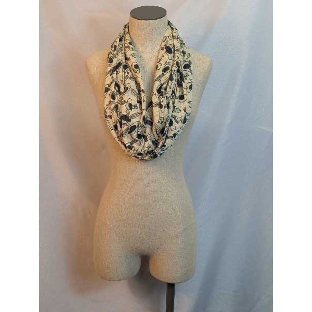 Bird Print Infinity Scarf Beige Black Acrylic Knit Animal Pattern Neck Warmer